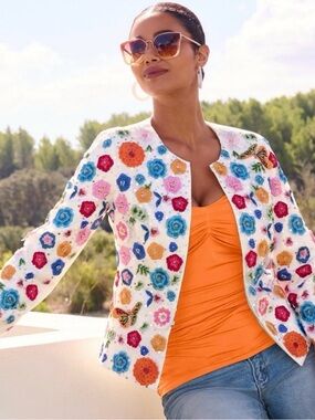 Boston Proper White Floral Embellished Jacket with Multicolor Flowers